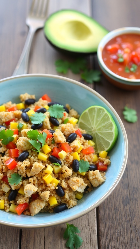 A colorful Mexican quinoa chicken bowl with bell peppers, black beans, corn, and garnished with cilantro and lime.